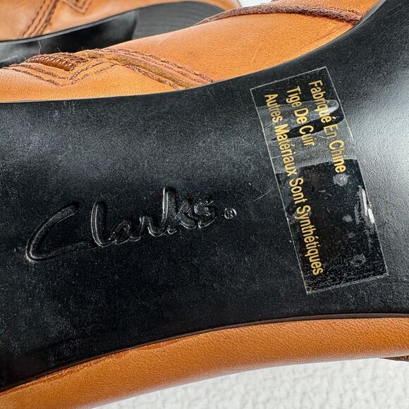 CLARKS Womens 9.5 Tan Leather Sapphire Vesta Heeled Ankle Boot Brown Side Zip - Picture 9 of 15